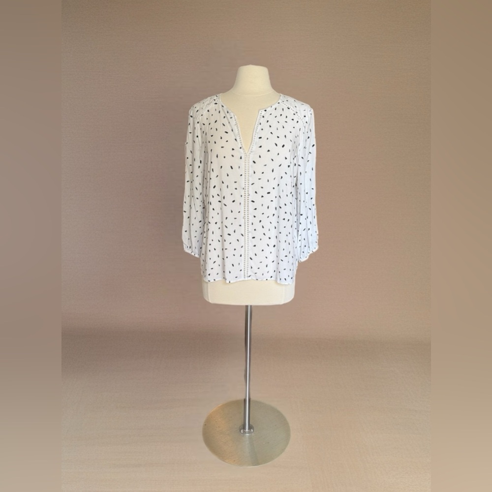 Collective Concepts Black White Print Blouse XLP V-Neck 3/4 Sleeve Boho Work Top